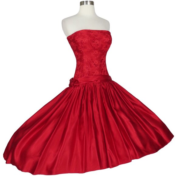 Vintage 80s Red Lace Strapless Hi Lo Full Skirt Prom Party Dress XXS XS